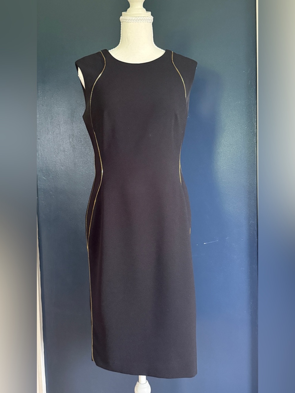 Anne Klein Black Sleeveless Sheath Dress with Gold Zipper Trim